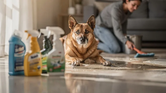 Pessoa limpando piso de casa com cachorro ao lado