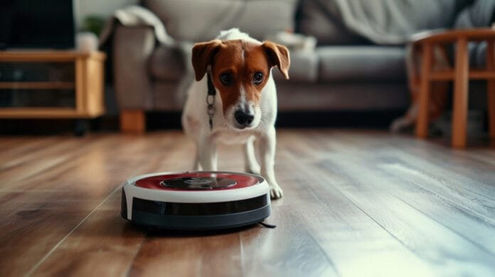 Robô doméstico interagindo com cachorro dentro de apartamento
