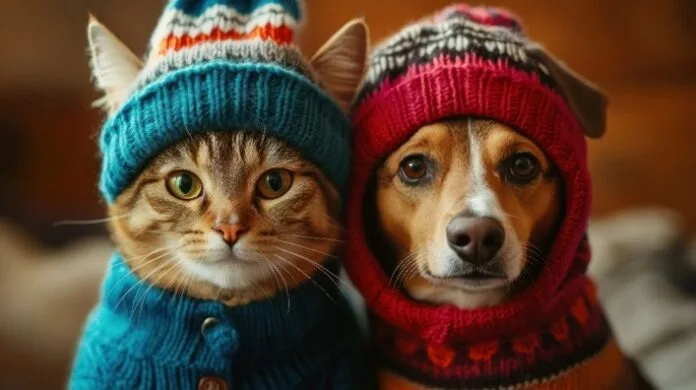 Cachorro e gato enrolados em manta durante o inverno