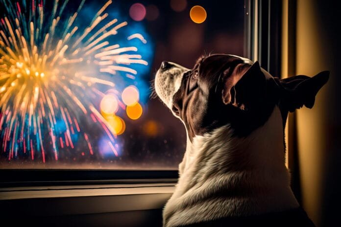 Cachorro assustado com barulho de fogos de artifício durante comemorações da Copa do Mundo