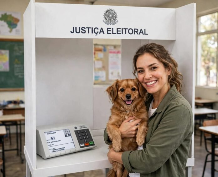 Cachorro acompanhado de seu tutor próximo a um local de votação nas Eleições 2026